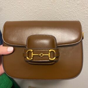 Horsebit Style Brown Leather Crossbody Bag | Stripe & Leather Straps